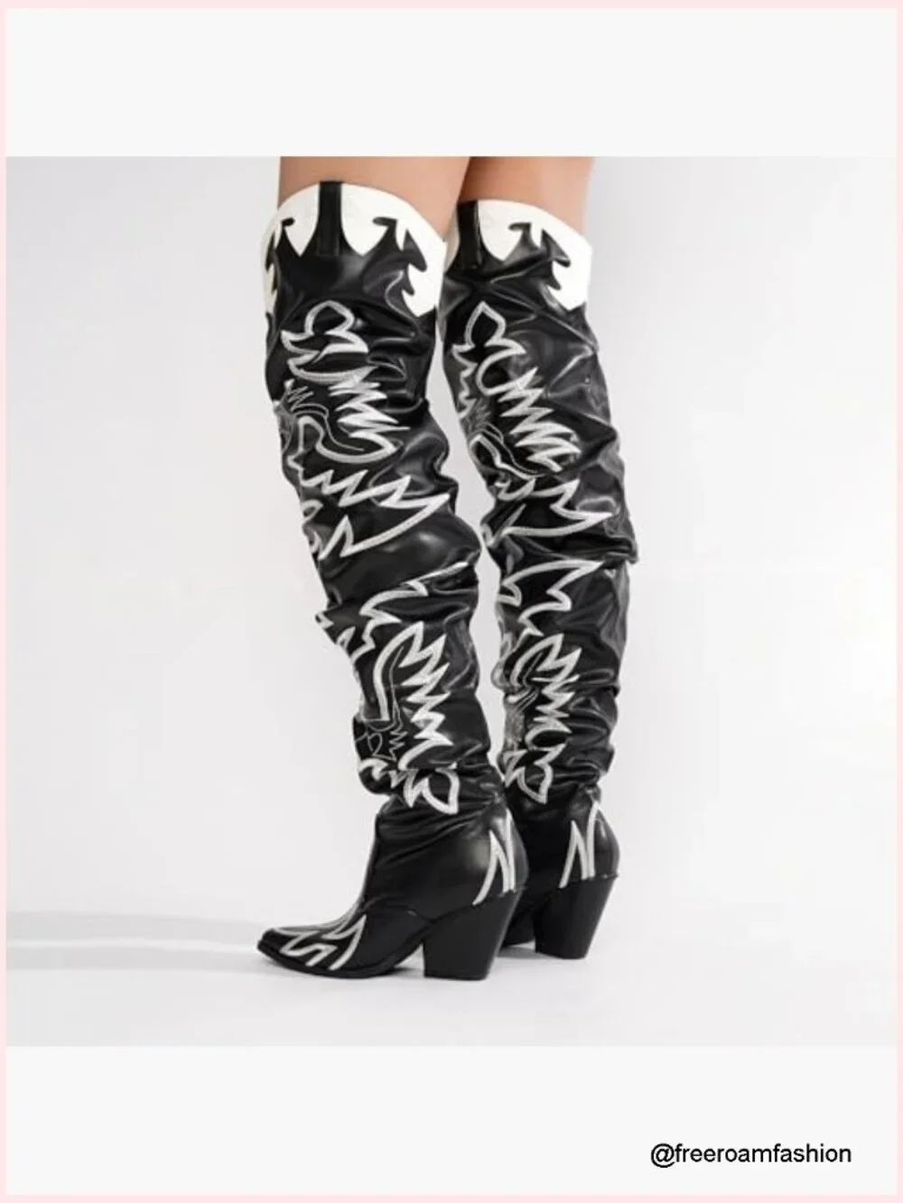 Western Over the Knee Boots Chunky Heel Faux Leather Embroidered Pull On